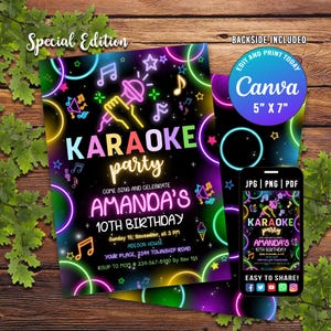 Inbjudan till karaokefest, inbjudan till karaokeflicka i rosa neon, neonljus karaoke, redigerbar karaokefest med neonsångsmusik