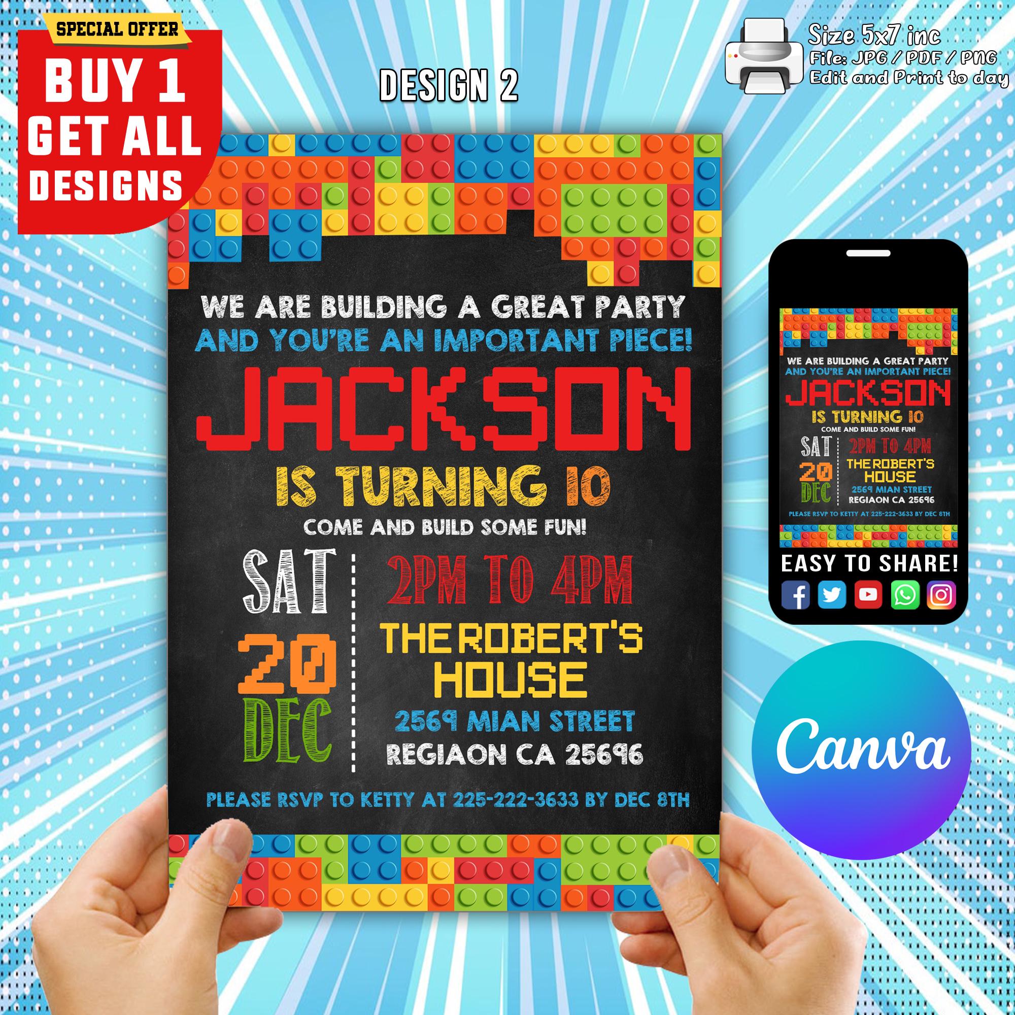 Editable Building Blocks Birthday Party Invitation, Digital Invitation ...