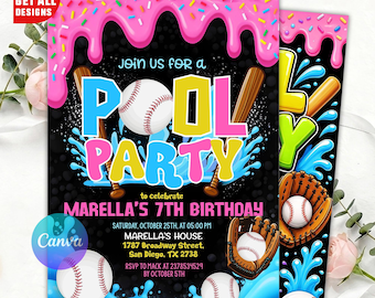 Baseball Drip Pool Party Invitation, Ice Cream Drip Party Invite, Swimming Birthday,Sports Boy Birthday, Girls, Boys Teen, Editable Canva