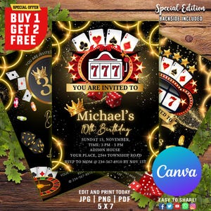 Invitación de cumpleaños de casino editable, fiesta de cumpleaños de póker, invitación a una noche de casino, fiesta de jubilación de casino, juego de cartas de ases, fiesta de póker (CANVA)