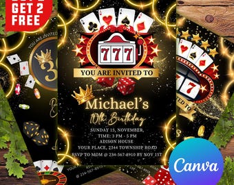May include: Casino themed birthday invitation with a gold crown, playing cards, dice, and a slot machine with the number 777. The invitation is for Michael's 10th birthday. The text reads "You are invited to Michael's 10th Birthday. Sunday 15, November, Time: 3 PM - 5 PM, Adison House, Your Place, 2344 Township Road, RSVP to Mom @ 234-567-8910 by Nov 15th. Edit and Print Today JPG | PNG | PDF 5x7"