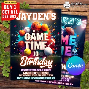Faire-part sport modifiable, invitations sport fluo, flyer sport, invitation thème sport, modèle d'invitation SPORTS Glow All Star Sports CANVA