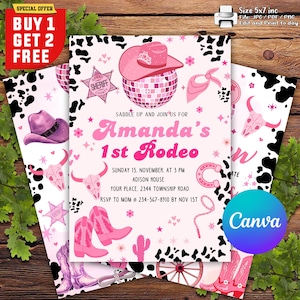 Bearbeitbare rosa Cowgirl-Geburtstagsfeier-Einladung, erste Rodeo-Einladung, Yee Haw Cowgirl-Party, Rodeo-Geburtstag, druckbares Raum-Cowgirl