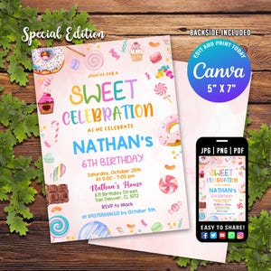 Sweet Celebration Invitation, EDITABLE Candy Land Party Invite, Sweets Candy Birthday, Pastel Pink Desserts Template, Instant Download CANVA