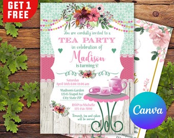 Invito di compleanno per festa del tè MODIFICABILE, modello di invito per festa del tè rosa e oro, festa del tè stravagante, tè pomeridiano floreale, download immediato CANVA
