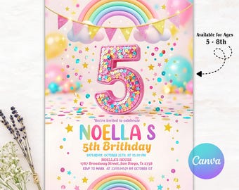 5th Birthday Invitation Girl, Editable Rainbow Sequin Glitter Invite Printable Template for Girls Party, Girls Pink Editable CANVA