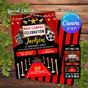 Roter Teppich-Geburtstags-Einladung, Roter Teppich-Event Hollywood-Einladung, Roter Teppich-Party, Glam-Geburtstags-Einladung, bearbeitbare CANVA-Vorlage