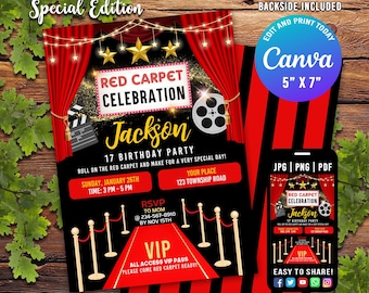 Red Carpet Birthday Invitation, Red Carpet Event Hollywood Invitation, Red Carpet Party, Glam Birthday Invite, Editable CANVA Template