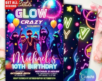 Glow Crazy Birthday Invitation, Neon Glow Invitation, Glow Party Birthday Invite, Editable Glow Party Birthday Invitation, Glow Invitation
