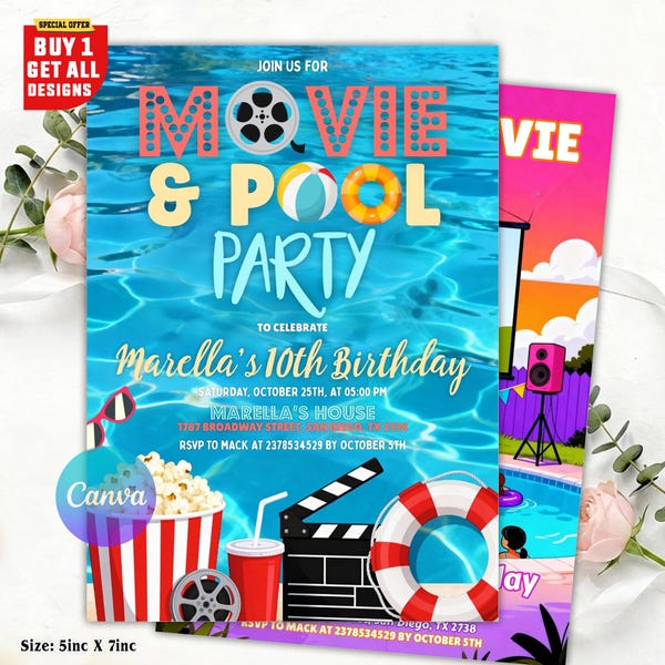 Può includere: Un invito digitale di 5 per 7 pollici per una festa in piscina e al cinema con sfondo d'acqua blu, un secchiello per popcorn rosso e bianco, una bobina, un bicchiere, un ciak, un salvagente e testo per un decimo compleanno.
