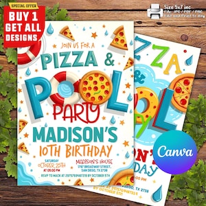 Puede incluir: Dos invitaciones de fiesta con temática de pizza y piscina. Las invitaciones presentan porciones de pizza, un flotador de piscina y el texto "Pizza & Pool Party" y "Madison's 10th Birthday". Las invitaciones están diseñadas con una estética lúdica y colorida.