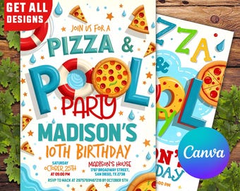 Puede incluir: Dos invitaciones de fiesta con temática de pizza y piscina. Las invitaciones presentan porciones de pizza, un flotador de piscina y el texto "Pizza & Pool Party" y "Madison's 10th Birthday". Las invitaciones están diseñadas con una estética lúdica y colorida.