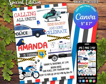 May include: A blue and white police car birthday invitation with a helicopter, handcuffs, and a police motorbike. The invitation says "Calling All Units" and "Send Backup and Come Celebrate". The invitation is for Amanda's 4th birthday party.