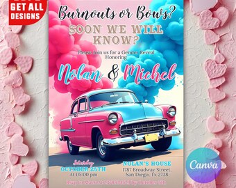 Könnte beinhalten: Eine Einladung zur Geschlechtsaufdeckung mit einem rosa und blauen Thema. Das Design zeigt ein klassisches Auto, rosa und blaue Rauchwolken und den Text "Burnouts or Bows? Soon We Will Know?". Die Einladung enthält Eventdetails und die Namen Nolan & Michel.
