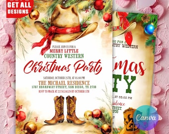 Puede incluir: Una plantilla de invitación digital para una fiesta de Navidad country western con un sombrero de vaquero en acuarela con cinta roja, botas de vaquero marrones, ramas de pino y adornos rojos. El texto incluye detalles del evento.