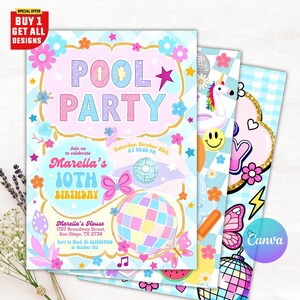 May include: Pool party invitations with a pastel color scheme. The main invitation features the text "Pool Party" and "Marella's 10th Birthday". Additional designs include a unicorn, smiley face, and disco ball. The invitations are decorated with flowers and butterflies.