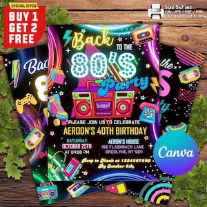 Bearbeitbare 80er Jahre Geburtstagsfeier-Einladung, Zurück in die 80er Jahre, Throwback-Party, Neon-Party, Glow Dance, 2000er Geburtstag, 80er Jahre Einladung CANVA
