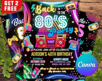 May include: Neon pink, blue, and green 80s themed birthday party invitation with a boombox, cassette tape, and a phone. The text reads "Back to the 80s Party" and "Please join us to celebrate Aeroon's 40th Birthday".