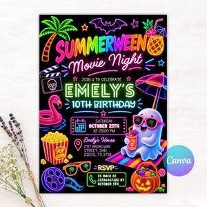 Summerween Birthday Invitation, Neon Skeleton Pool Party Invite, Halloween Summer Editable Canva Instant Download, Summerween Neon Halloween