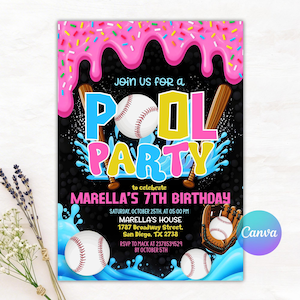 Baseball Drip Pool Party Invitation, Summer Party Invite, Ice Cream Drip, Swimming Birthday, Canva Template, Water, Girls, Boys Teen