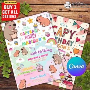 Capybara Birthday Invitation, cute pink Capy Birthday, Animals Kid&#39;s Birthday girl Theme, preppy smile Teen Party, Canva Editable Template