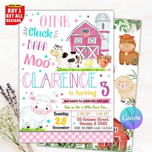 May include: A farm-themed birthday party invitation with a pink barn, farm animals, and the text "OINK Cluck BAAA Moo Clarence is turning 3". Includes event details and a special offer.