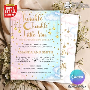 May include: A gender reveal invitation with a pastel pink and blue gradient background. The design features gold stars, clouds, and the text "Twinkle Twinkle Little Star." The invitation includes event details and a Canva logo.