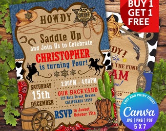 May include: A cowboy-themed birthday party invitation with a brown background and a blue denim border. The invitation features a sheriff's star, a lasso, a cowboy hat, and a pair of cowboy boots. The text on the invitation reads "Howdy! Saddle Up and Join Us to Celebrate Christopher is turning Four!" The invitation also includes the date, time, and location of the party.