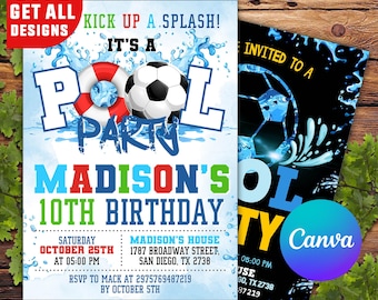 Editable Soccer Pool Birthday Invitation, Soccer Birthday Invitation, Pool Birthday Invitation, SOCCER Pool Boy Sport Summer Birthday Invite