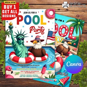 4th of July Pool Party Invitation Independence Day Pool Party Patriotic Invite Editable Template, Editable 4th of July Pool Party Invitation