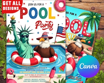 Invitación a la fiesta en la piscina del 4 de julio. Plantilla editable de invitación patriótica para la fiesta en la piscina del Día de la Independencia. Invitación editable para la fiesta en la piscina del 4 de julio.