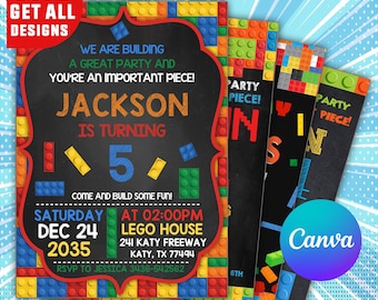 May include: A colorful invitation for a 5th birthday party with a Lego theme. The invitation features a chalkboard background with the text "We are building a great party and you're an important piece!" and "Jackson is turning 5". The invitation also includes a Lego house graphic and the text "Come and build some fun!"  The invitation is decorated with colorful Lego bricks.
