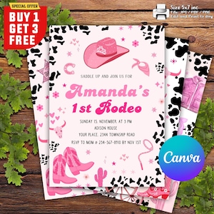 Erste Rodeo Einladung Vorlage, Pink Cowgirl Geburtstagsparty Einladung Vorlage, Wild West Cowgirl 1st Rodeo Southwestern Ranch CANVA