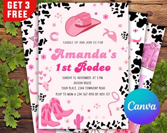 Mall för inbjudan till första rodeo, mall för inbjudan till rosa cowgirlfödelsedagsfest, cowgirl till vilda västern, första rodeo till sydvästra ranch, CANVA