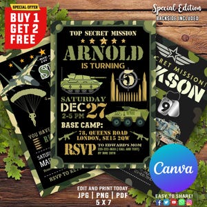 Faire-parts militaires modifiables, faire-part d'anniversaire militaire, faire-part d'anniversaire soldat, camouflage pour tous les âges, invitation militaire CANVA