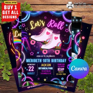 Skate Party Geburtstagseinladung, Party Einladung, Mädchen, Junge, Rollschuhlaufen, Retro Neonlichter, bearbeitbare Evite-Vorlage, bearbeitbare Canva