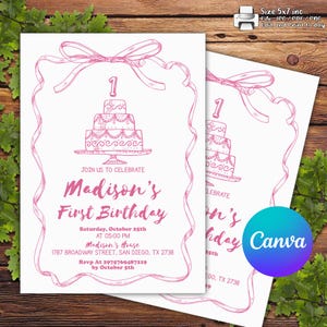 Coquette Bow 1st Birthday Invitation Girl First Birthday Template Printable, Blush Pink Bow Invitation 1st Birthday Girl Girly Birthday, Bow