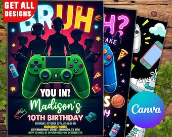 BRUH YOU IN? Neon Gamer Birthday Invitation, Editable Video Game Template with Bold Neon Lights for High-Energy Gaming Parties, Gamer Invite