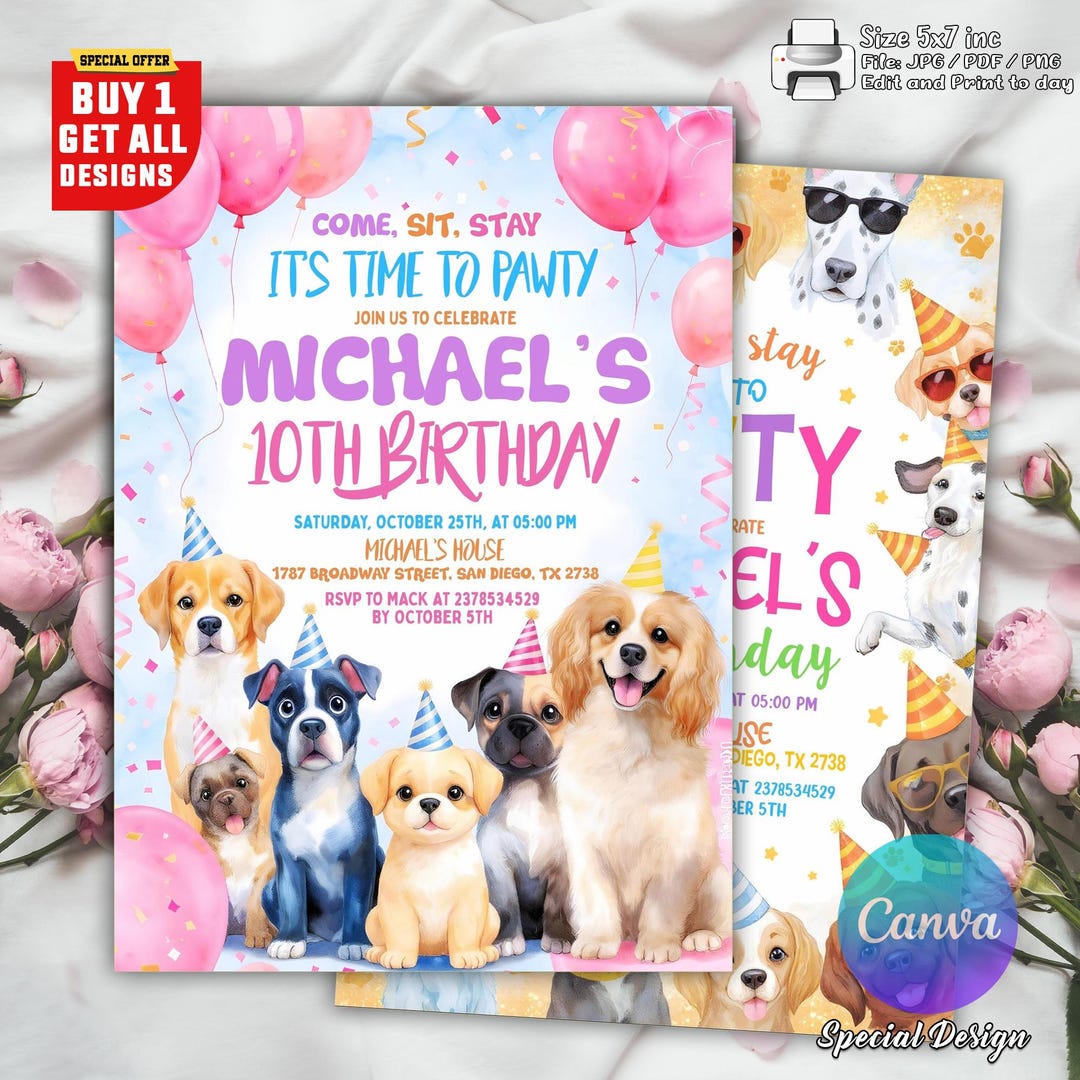 Editable Dogs Birthday Party Invitation – Puppy Birthday Party Animal ...