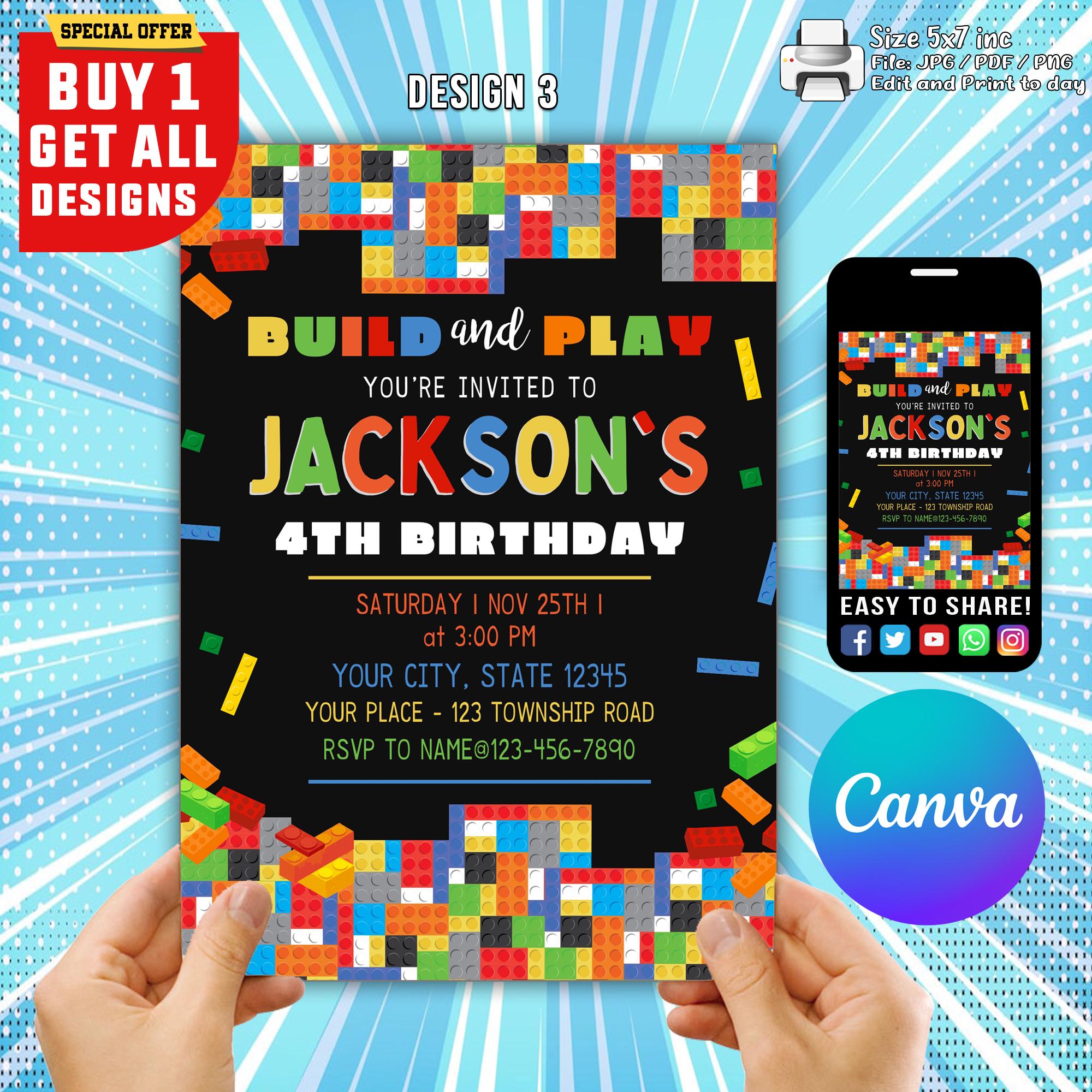 Editable Building Blocks Birthday Party Invitation, Digital Invitation ...