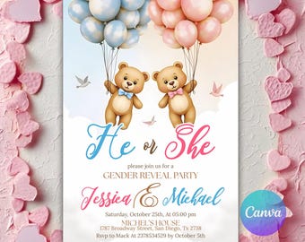 EDITABLE Teddy Bears Gender Reveal Invitation, Pink And Light Blue He or She, Teddy Bear Idea Gender Reveal Invite, Editable Canva Template