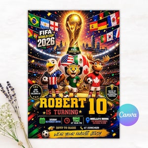 Pode incluir: Um cartaz de convite de aniversário da Copa do Mundo da FIFA 2026 com um troféu dourado, uma bola de futebol e três mascotes animais. O texto inclui Robert 10 is turning, Saturday October 25th, 5:00 PM, Noella's House, San Diego, TX 2738 e RSVP to Mark.