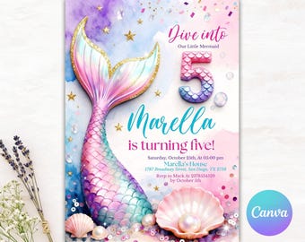 Editable Mermaid 5th Birthday Invitation, Dive into Five Under the Sea Party, Pink Purple Blue Glitter Tail, Canva Template