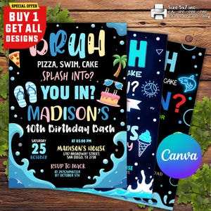 Editable Bruh Neon Birthday Invitation, Boy Pool Birthday Party Invitation, Bruh You in Any Age Birthday Invitation, Bruh Pool Party