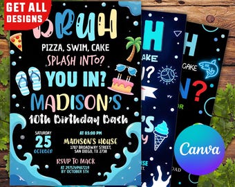 Invitación de cumpleaños editable de Bruh Neon, invitación para fiesta de cumpleaños de niño en la piscina, invitación de cumpleaños de Bruh You in Any Age, fiesta de Bruh en la piscina