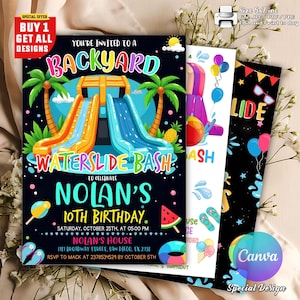 Invitación de cumpleaños con tobogán acuático, Invitación de cumpleaños con tobogán acuático, Invitación de cumpleaños acuática, Fiesta de cumpleaños con tobogán acuático, Plantilla editable de tobogán acuático en CANVA