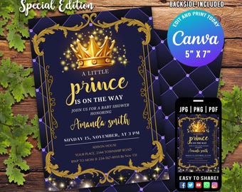 Zaproszenie na pierwsze urodziny księcia Edytowalny szablon zaproszenia na pierwsze urodziny księcia Crown Royal Blue Gold Boy Zaproszenie do druku Pobierz Prince