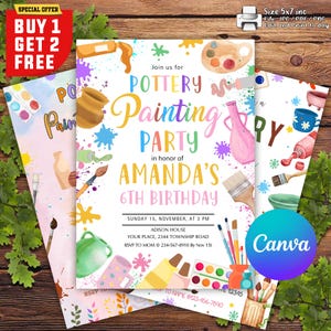 Convite editável para festa de pintura em cerâmica, convite para festa de pintura de aniversário, convite para festa de arte de aniversário, aniversário de pintura em cerâmica