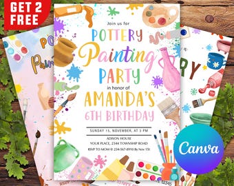 May include: Invitation to a pottery painting party for Amanda's 6th birthday. The invitation features a colorful watercolor design with paint splatters, paintbrushes, pottery, and paint palettes. The text reads "Join us for Pottery Painting Party in honor of Amanda's 6th Birthday".