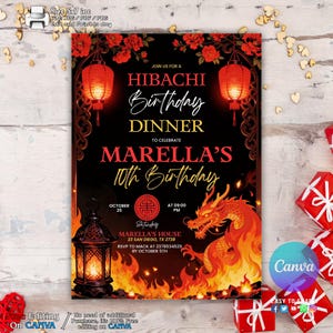 Hibachi Birthday Dinner Invitation, Hibachi Night Party Invite, Sushi Birthday, Editable Canva, Asian Cherry Blossoms, Japanese Asian Themed